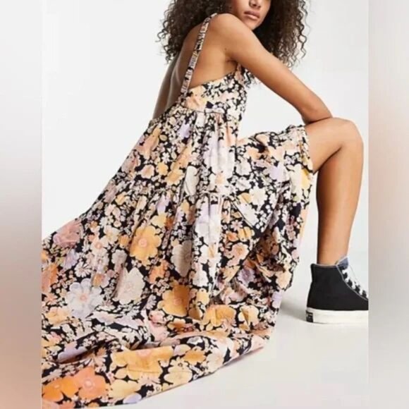 Free People Park Slope Maxi Dress Dark Combo With Pockets Size Large - Picture 7 of 16